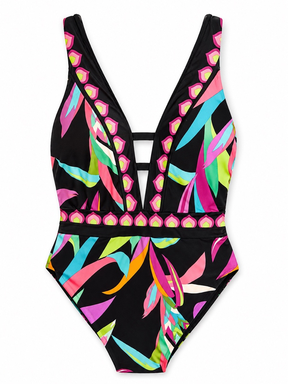 Trina turk Birds Of Paradise Plunge One Piece Swimsuit  Floral Black 10